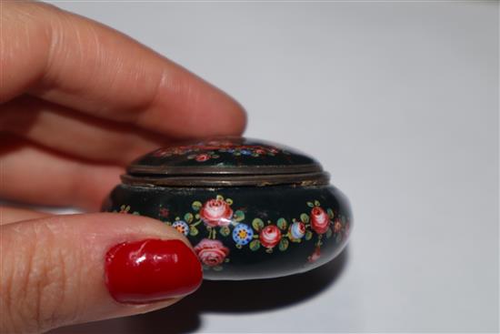 A Japanese ivory cane handle, a faux amber lion-dog and an enamel and ivory pill box